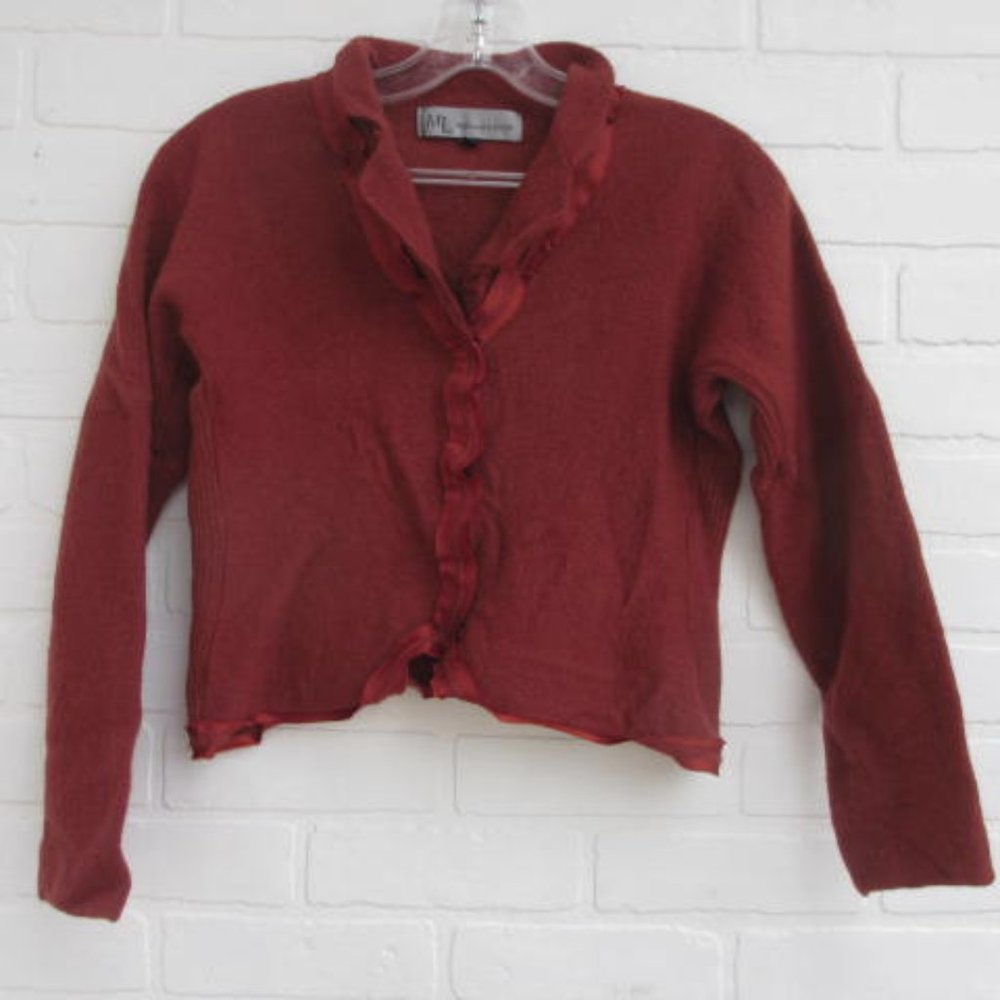 Melanie Lyne Rust Cropped Satin Edged 100% Wool Cardigan Size Large